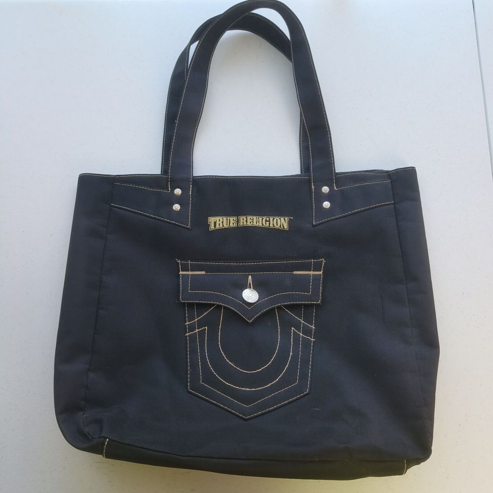 True Religion Bag Womens Black Canvas‎ Horseshoe Pocket Nylon Lined Purse